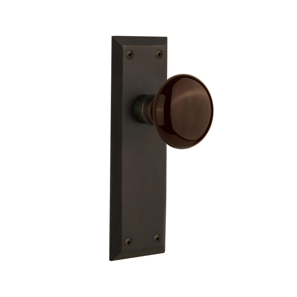Nostalgic Warehouse NYKBRN Privacy Knob New York Plate with Brown Porcelain Knob without Keyhole in Oil Rubbed Bronze